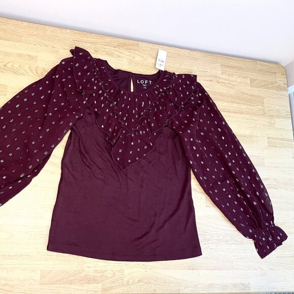 NWT LOFT Shimmer Ruffle Yoke Top Burgundy - Picture 3 of 7